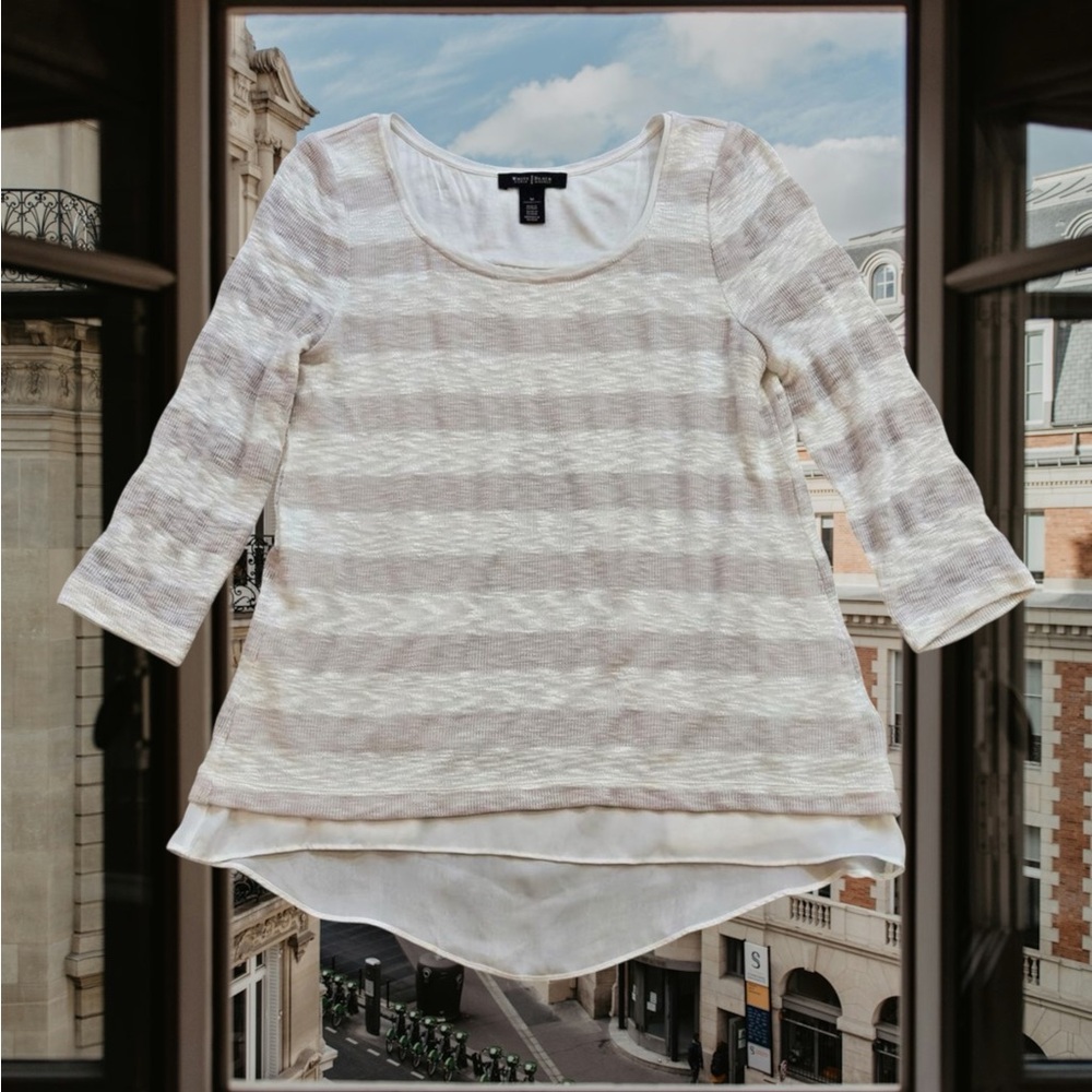 White House Black Market Cream and Tan Crew Neck Sweater
